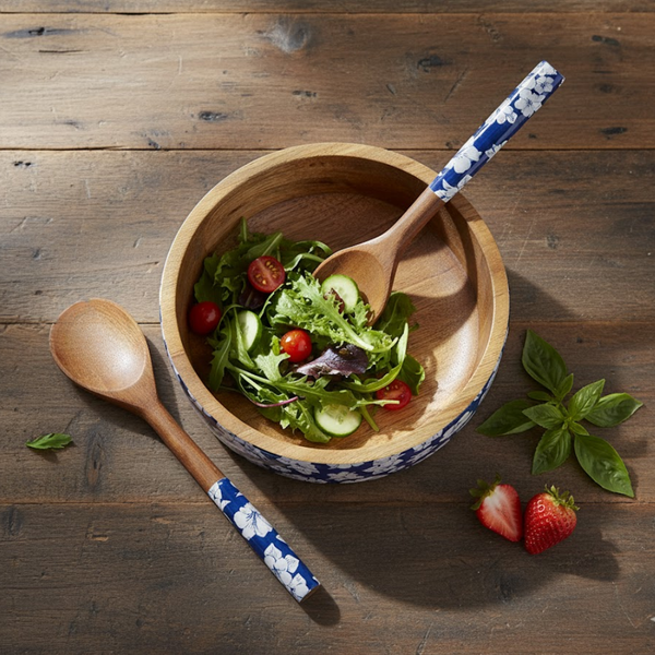 Hibiscus Bowl Set | Enamelled Mango Wood Salad Bowl with Servers