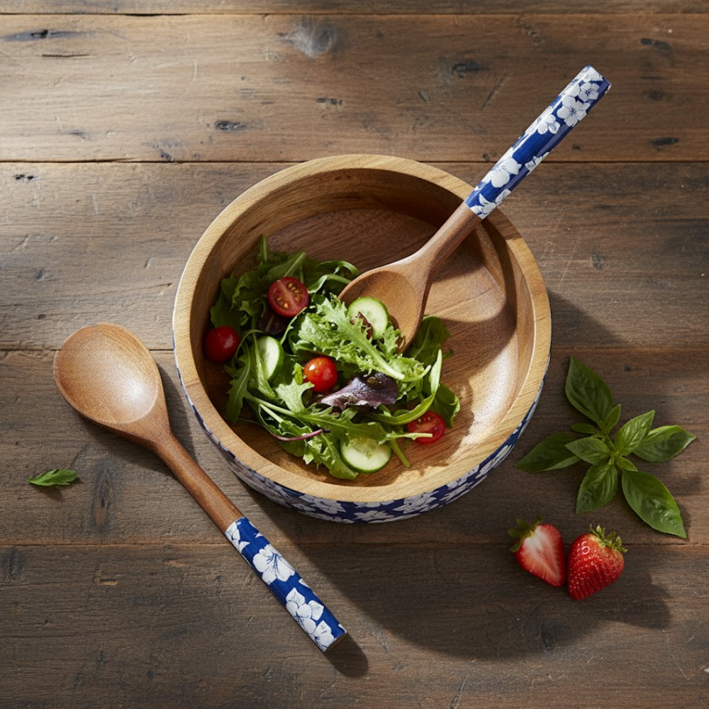 Hibiscus Enamelled Bowl & Servers Set – Handcrafted Mango Wood Salad Bowl with Serving Spoons