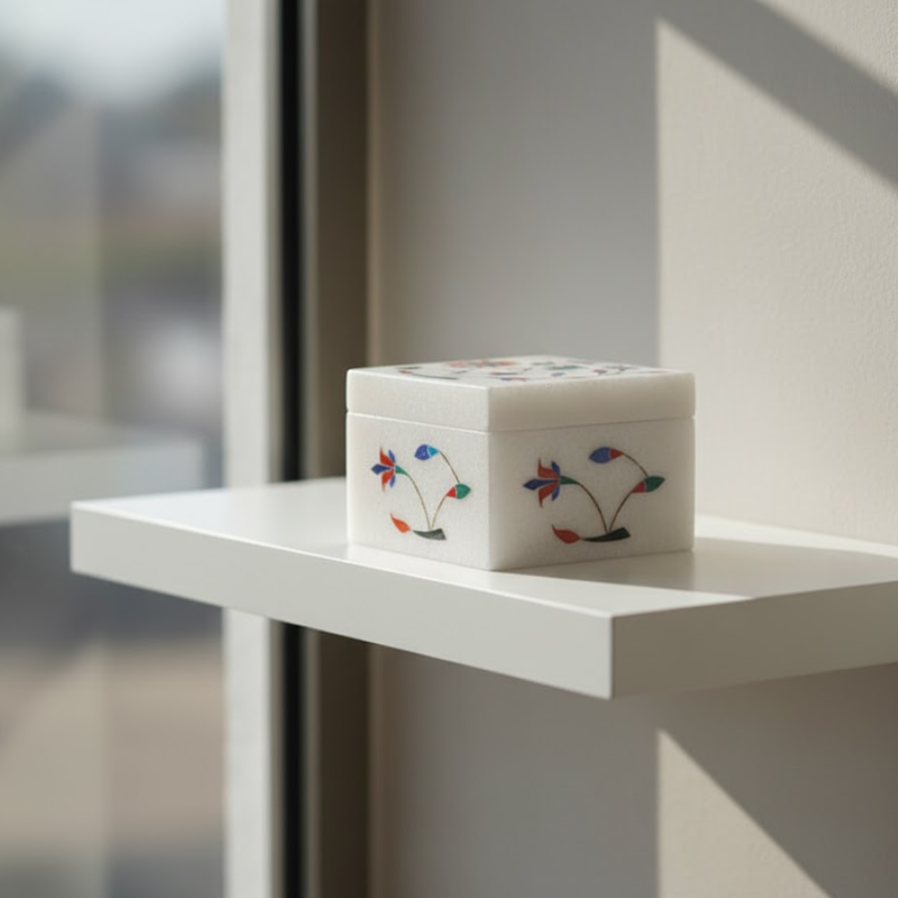 Inlaid Semi-Precious Stone & Marble Square Jewelry Box