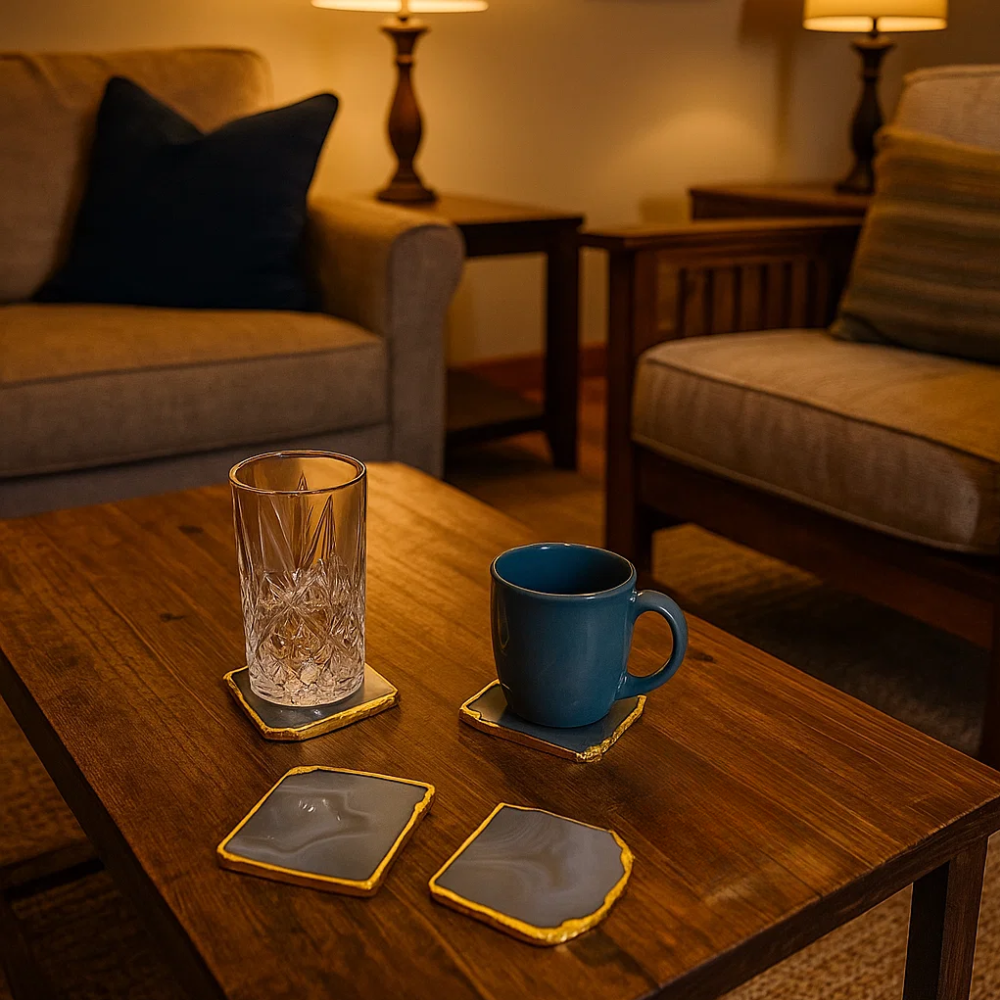 Golden Rimmed Agate Purple Coasters (Set of 4) – Luxury Natural Stone Coasters with Gold Detailing