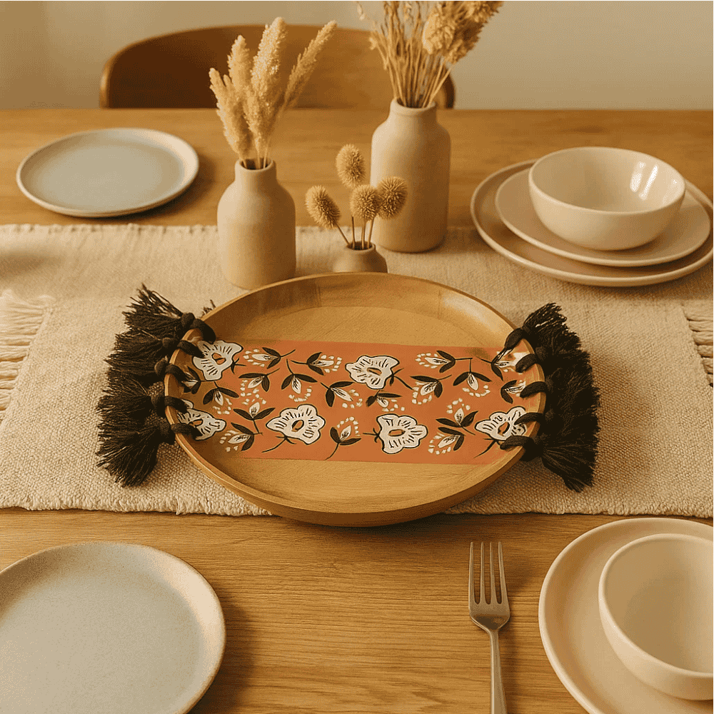 Floral Tasseled Mango Wood Plate – Handcrafted Decorative Wood Dish