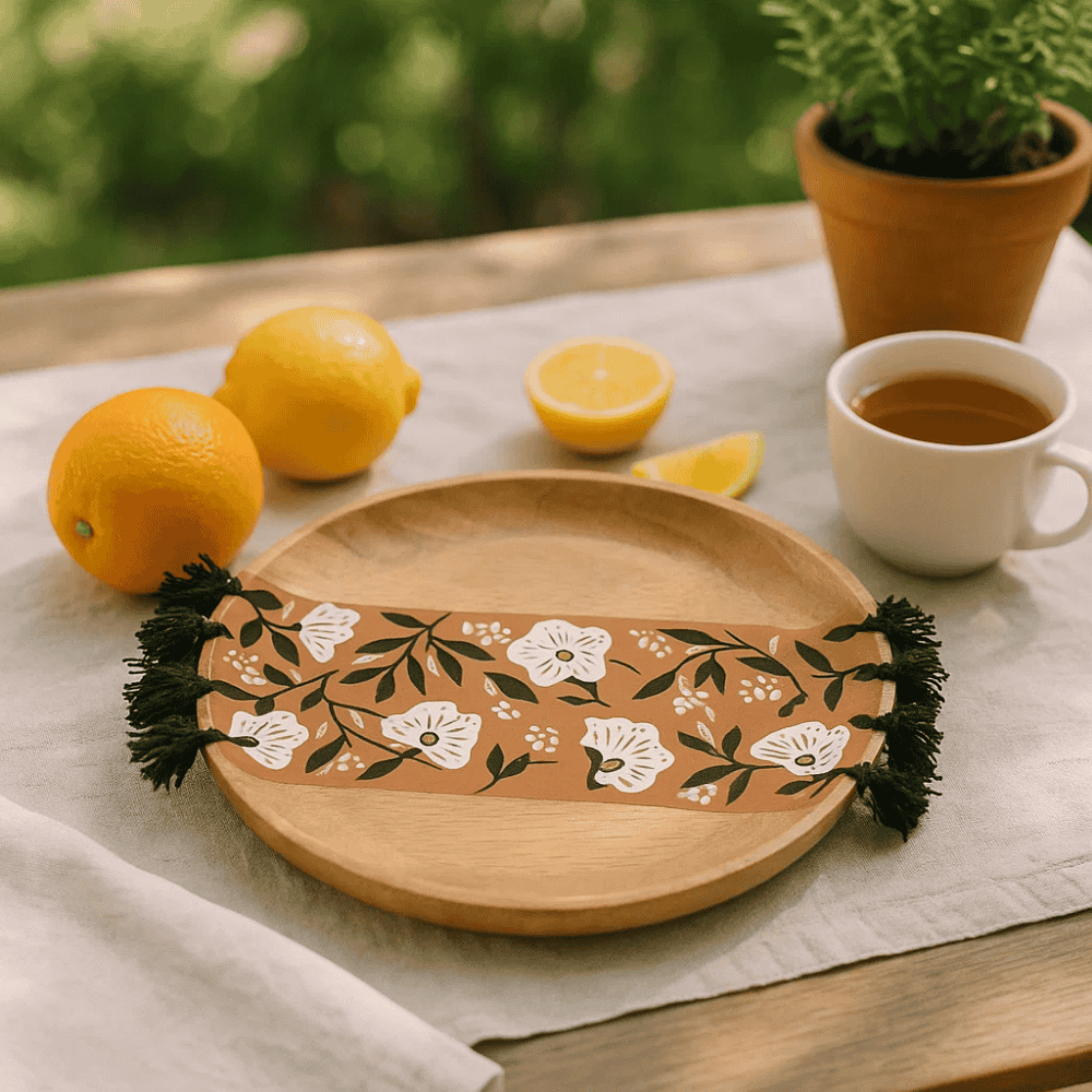 Floral Tasseled Mango Wood Plate – Handcrafted Decorative Wood Dish