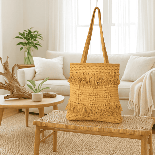 Honey Tufted Tote Bag | Cotton with Tassels | Gleemium