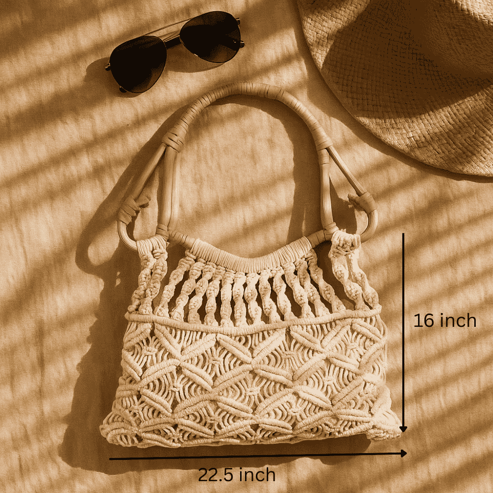 Boho Macrame Cotton Handbag with cane handles