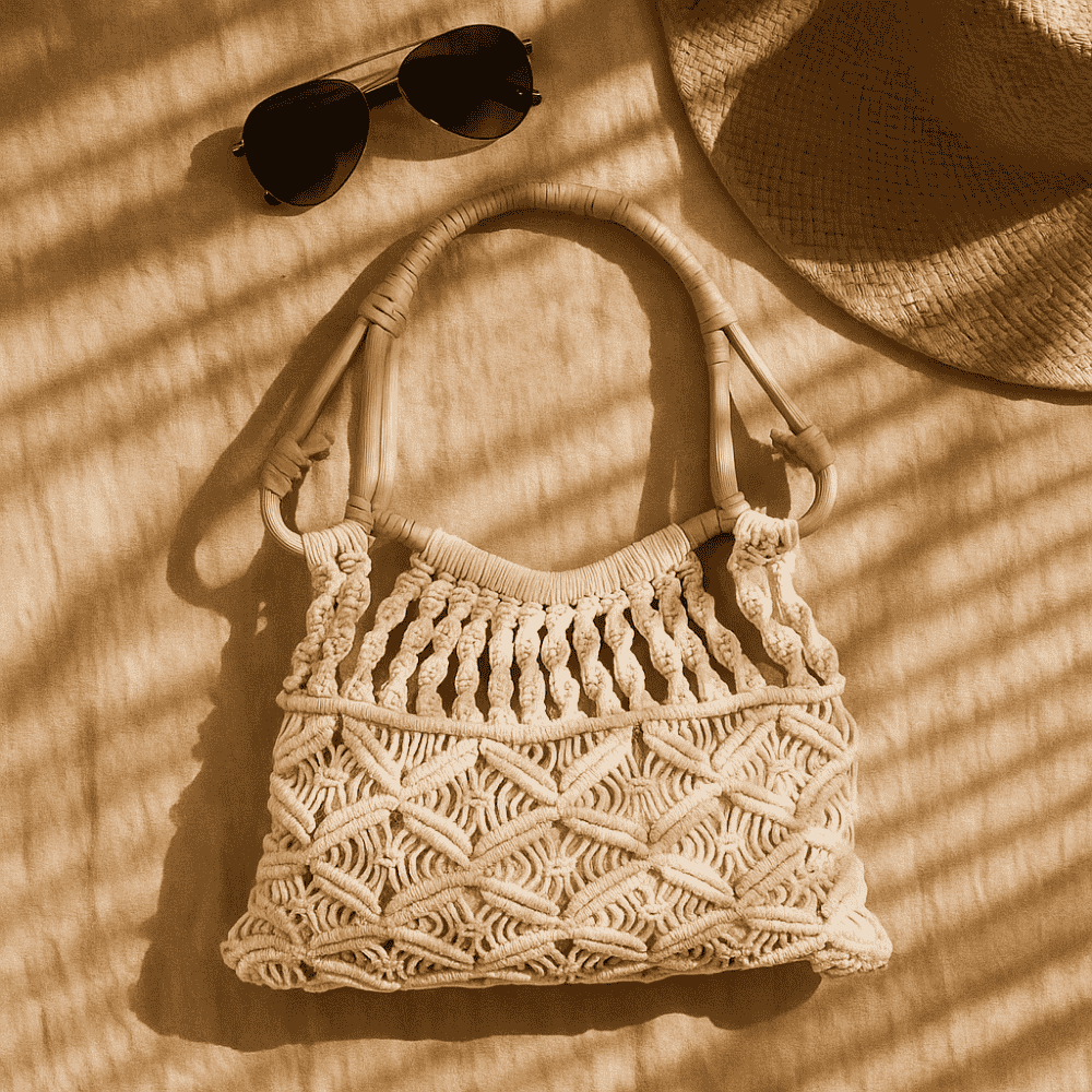 Boho Macrame Cotton Handbag with cane handles