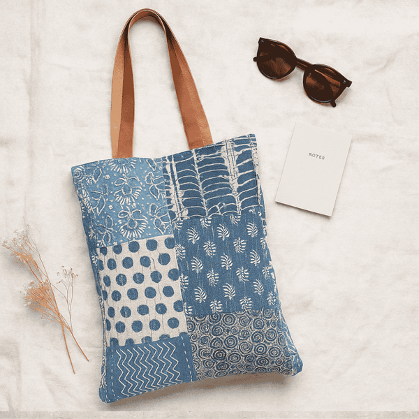 Indigo Patchwork Tote Bag | Kantha Cotton | Gleemium