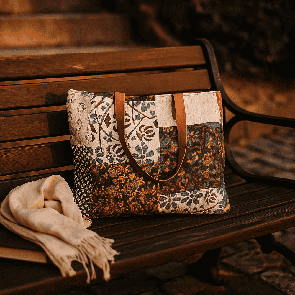 Abstract Kantha &amp; Patchwork Tote Bag – Cotton with Leather handles