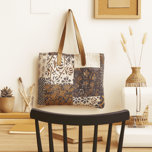 Kantha Patchwork Tote Bag | Cotton Leather Handles | Gleemium
