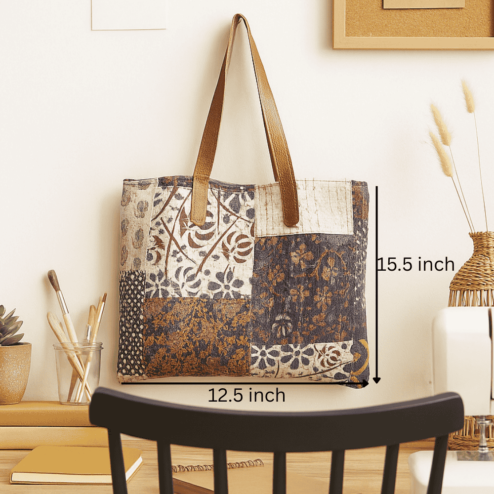 Abstract Kantha &amp; Patchwork Tote Bag – Cotton with Leather handles