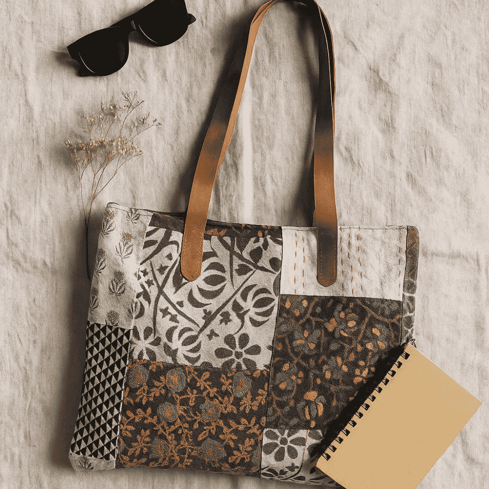 Abstract Kantha &amp; Patchwork Tote Bag – Cotton with Leather handles