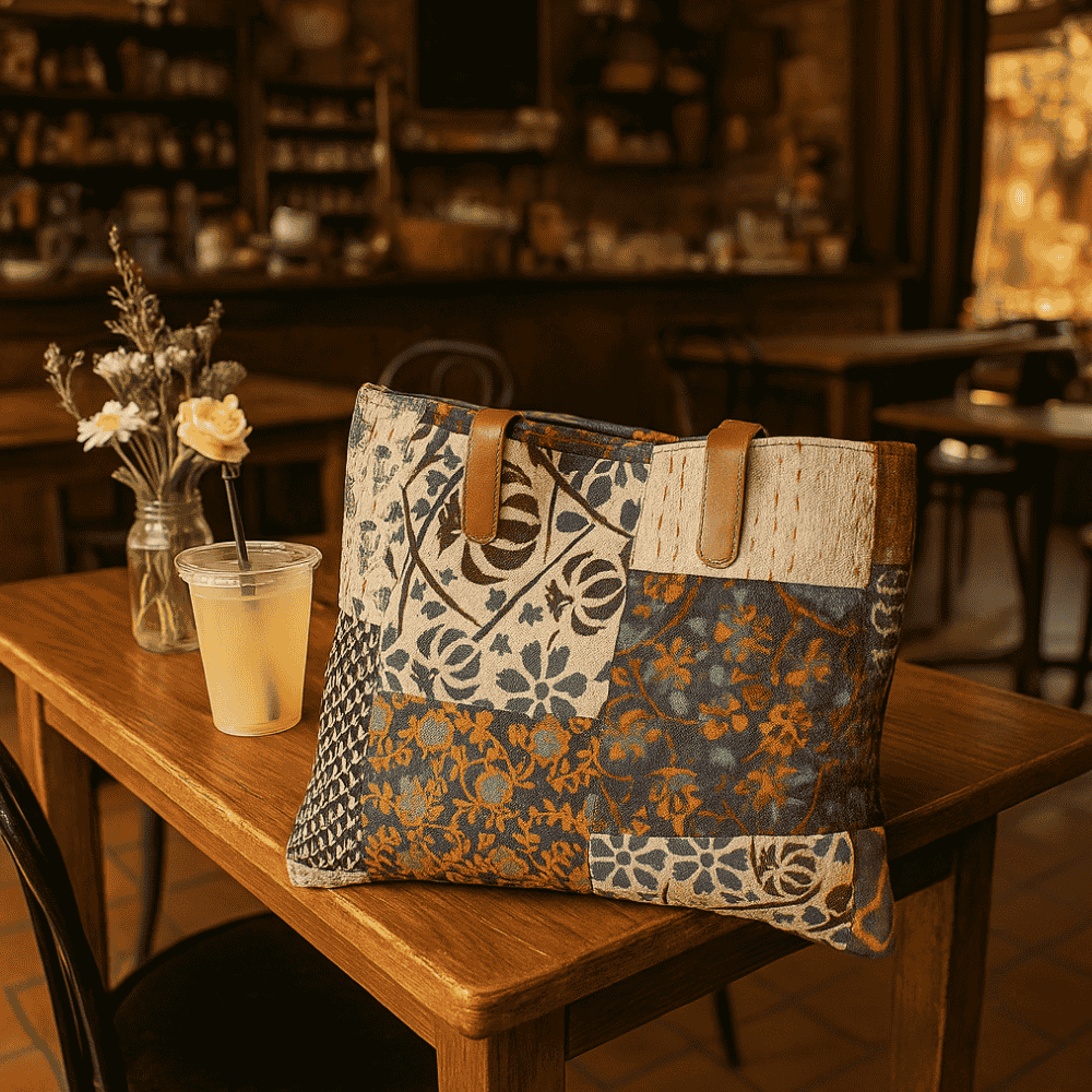 Abstract Kantha &amp; Patchwork Tote Bag – Cotton with Leather handles