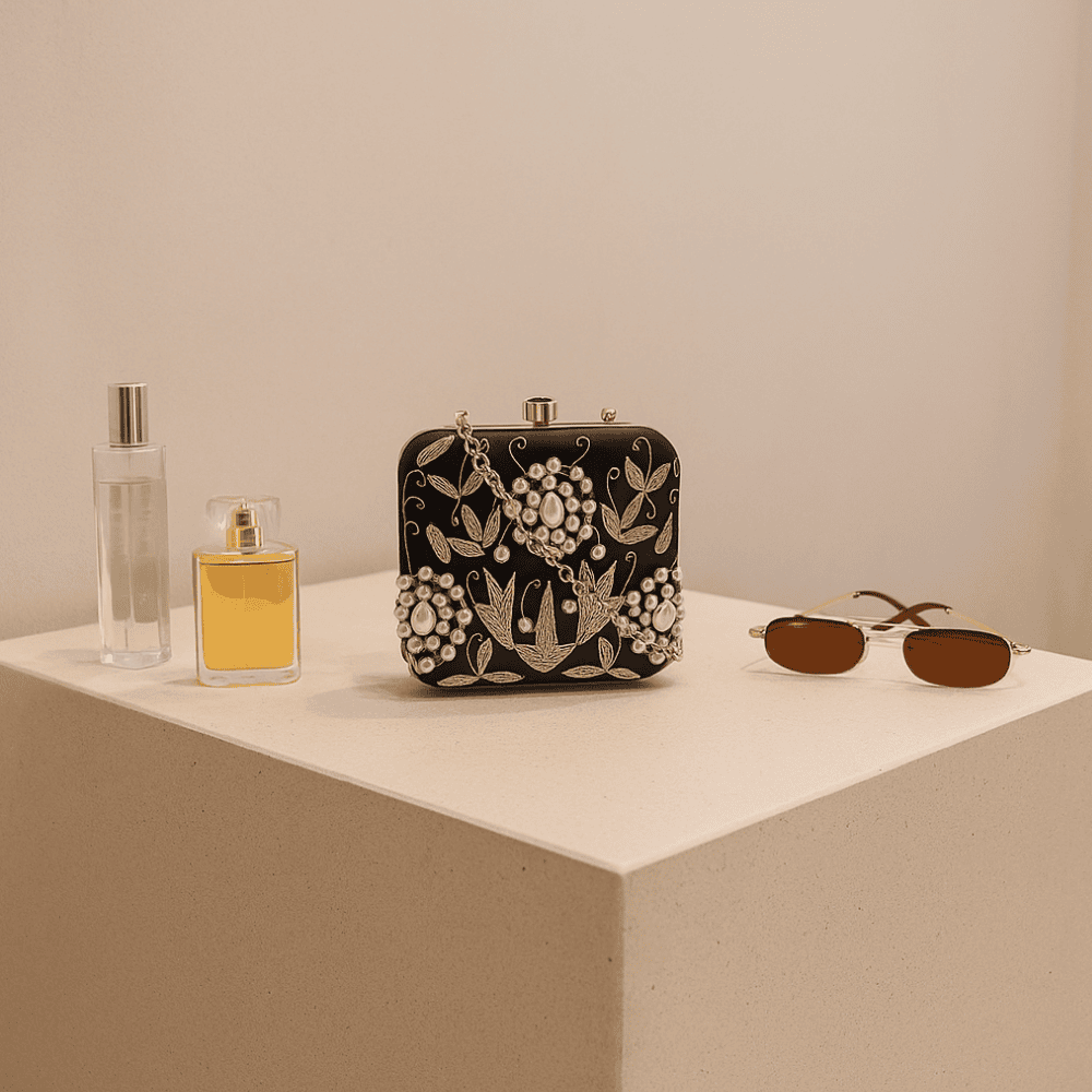 Ornate Glass Beads Embroidered Clutch Bag