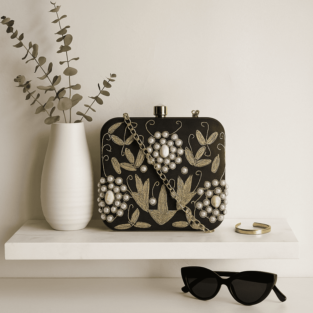 Ornate Glass Beads Embroidered Clutch Bag