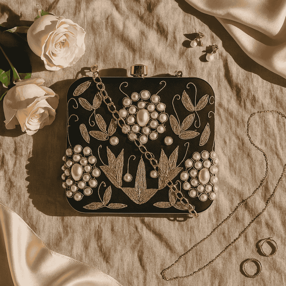 Ornate Glass Beads Embroidered Clutch Bag