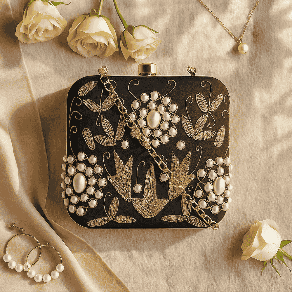 Ornate Glass Beads Embroidered Clutch Bag