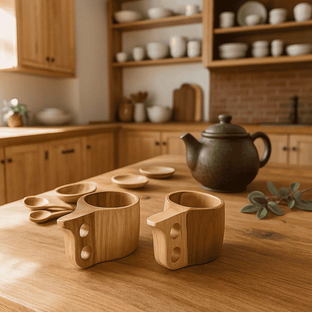 Hand Carved Acacia Wood Tea Cups