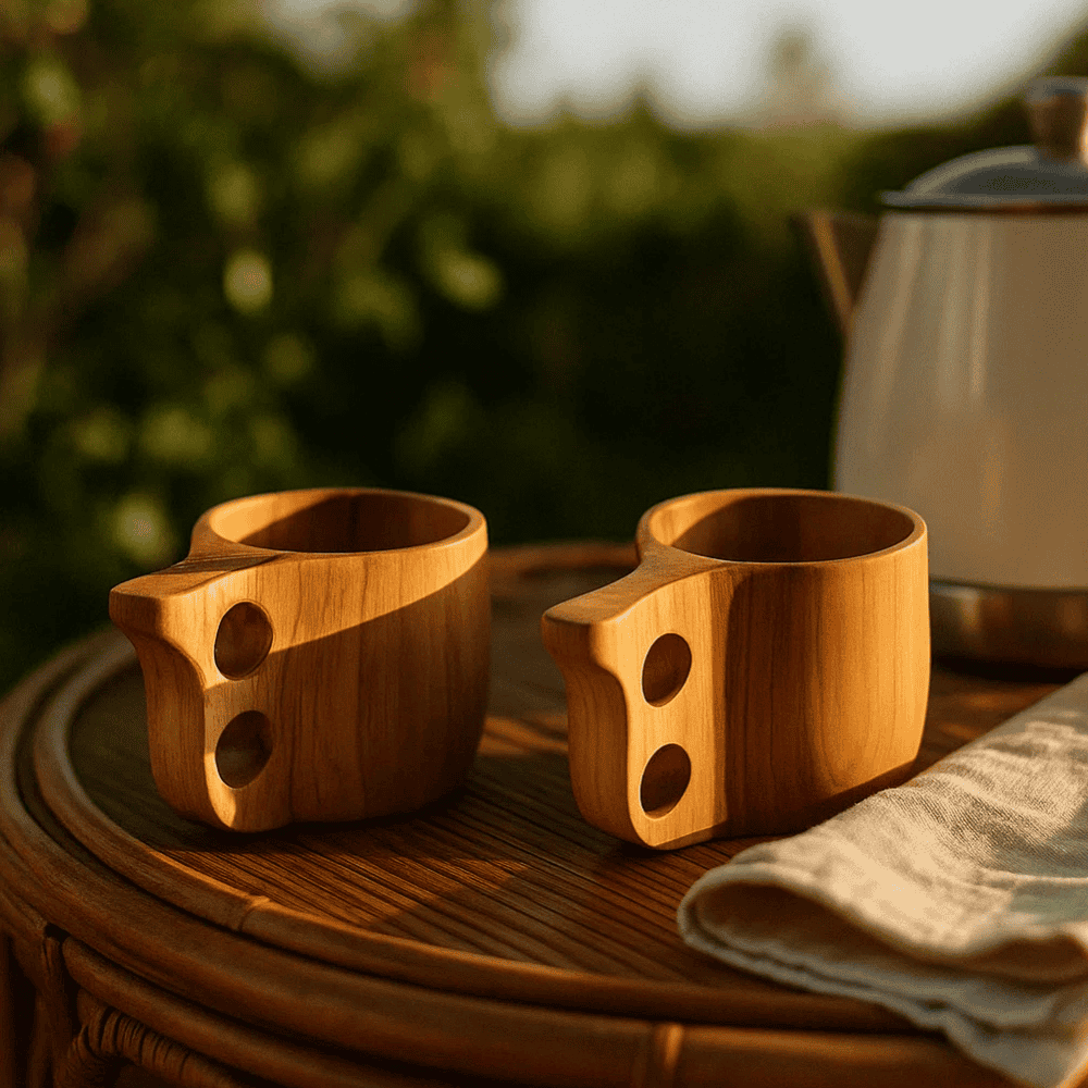 Hand Carved Acacia Wood Tea Cups