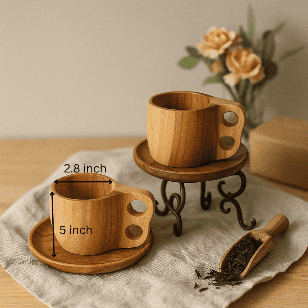 Hand Carved Acacia Wood Tea Cups