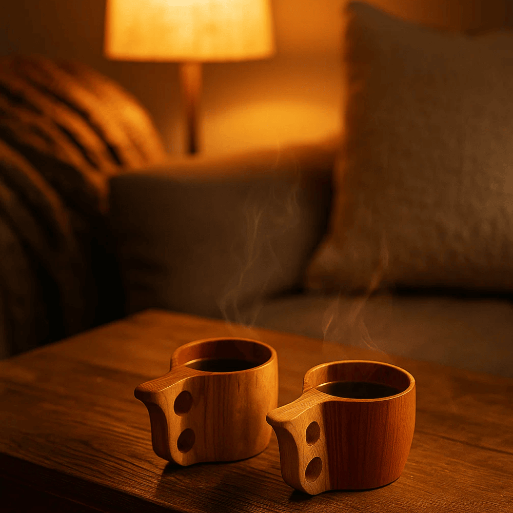 Hand Carved Acacia Wood Tea Cups