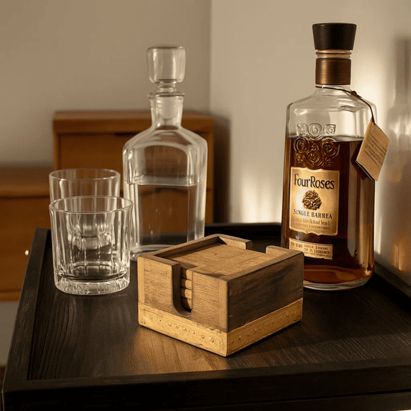 Burnt Wood Coasters | Dark Hand-Carved Set of 4 with Box