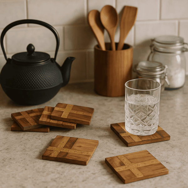 Burnt Wood Coasters | Dark Hand-Carved Set of 4 with Box