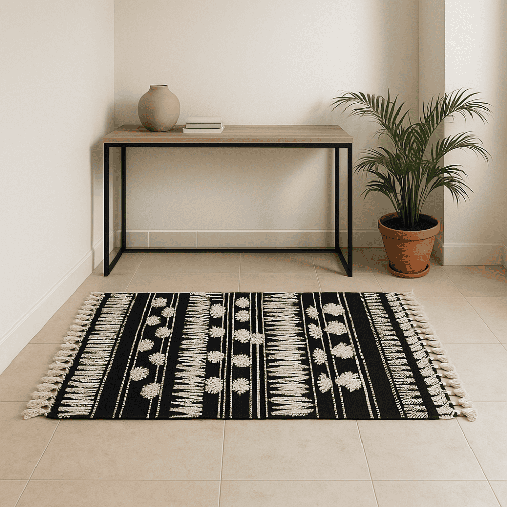 Textured Geometric Rug with Tassels