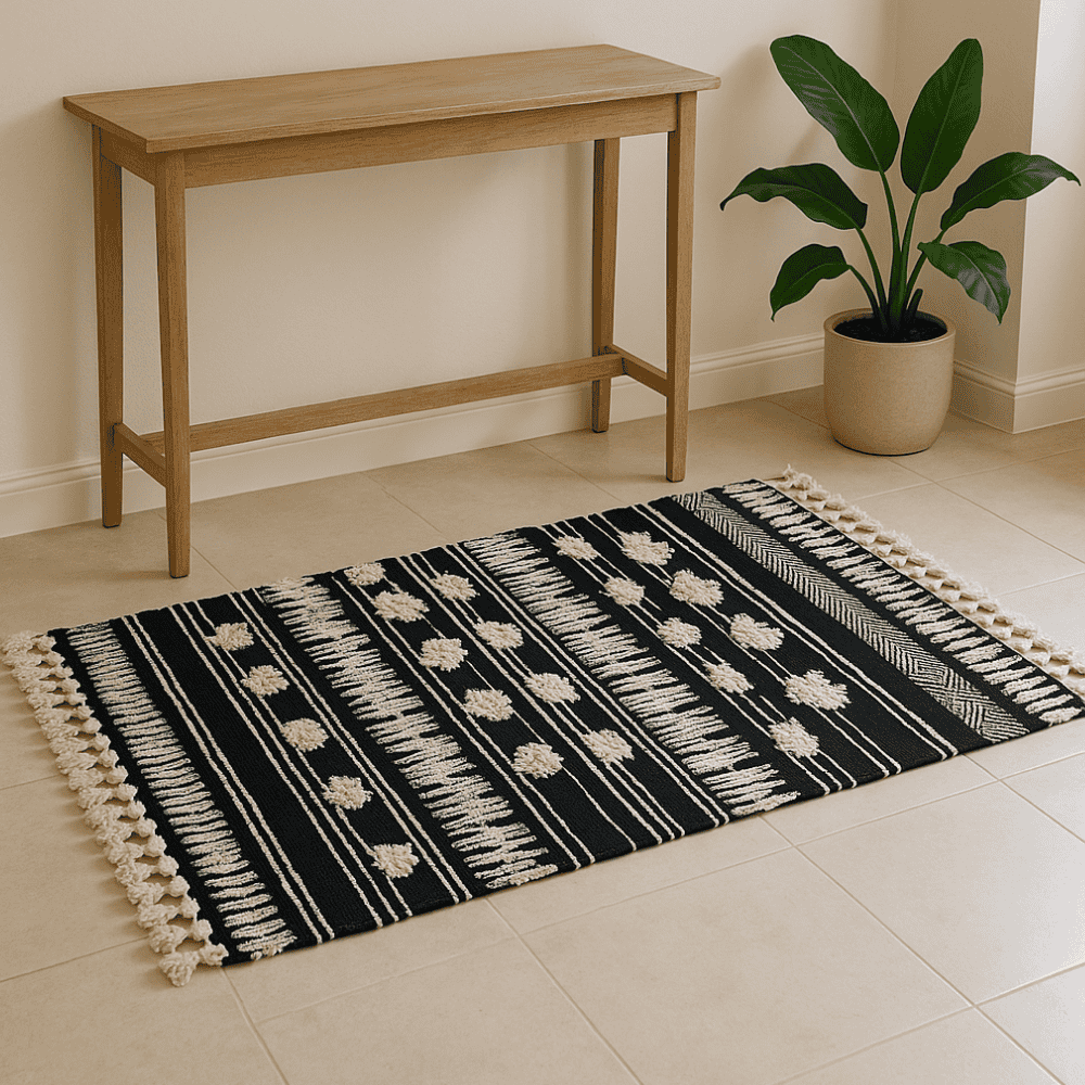 Textured Geometric Rug with Tassels