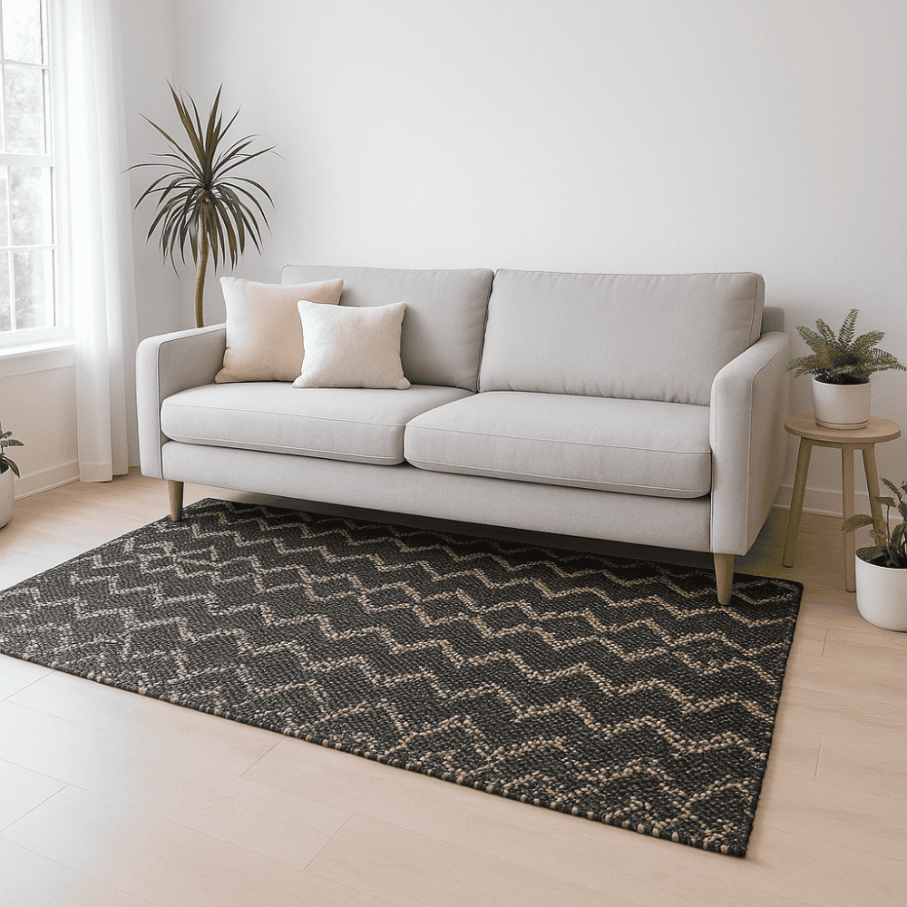 Handwoven Black Jute Rug – Chevron Patterned Artisan Floor Decor