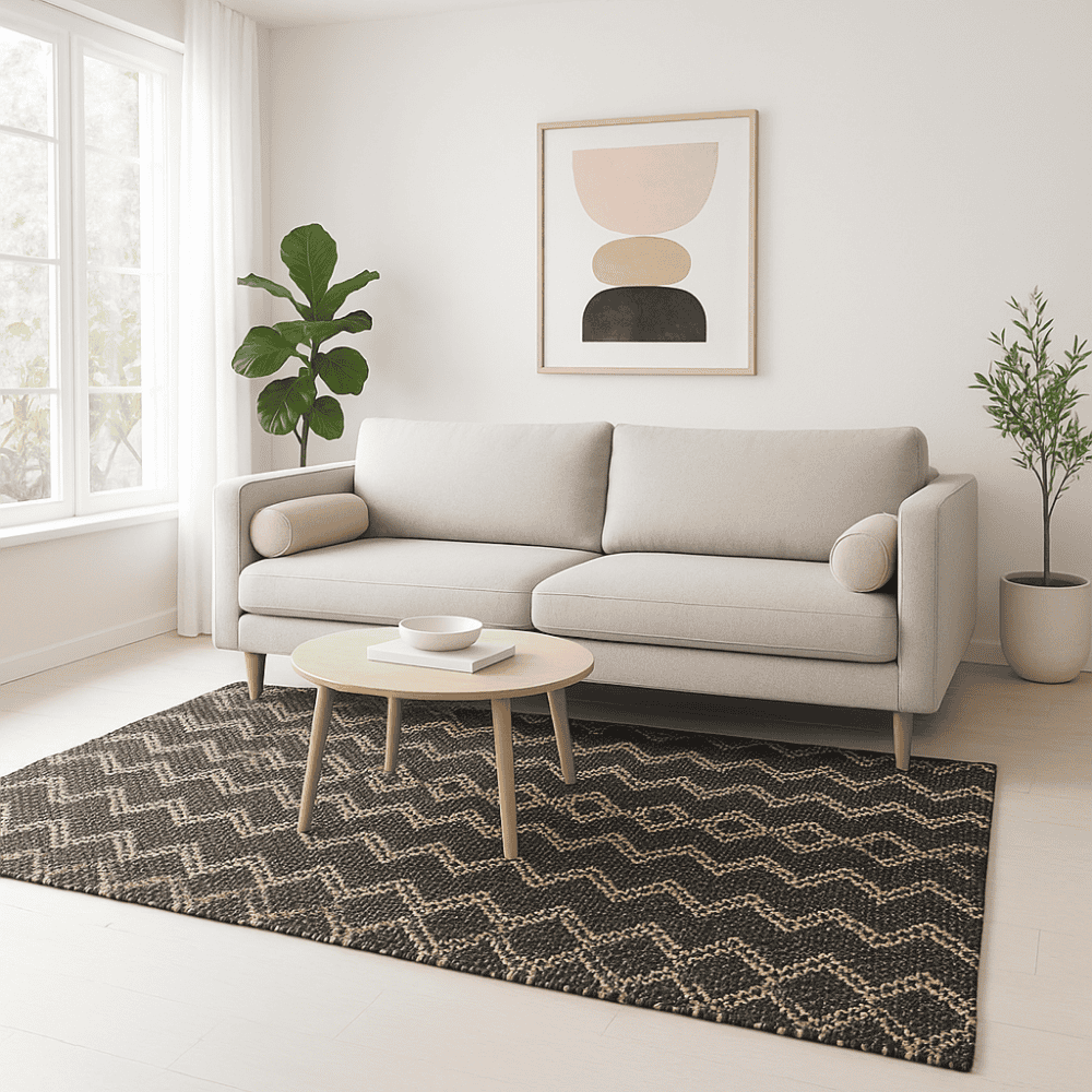 Handwoven Black Jute Rug – Chevron Patterned Artisan Floor Decor