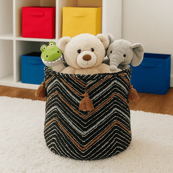 Zigzag Cotton Basket | Textured Black Storage | Gleemium