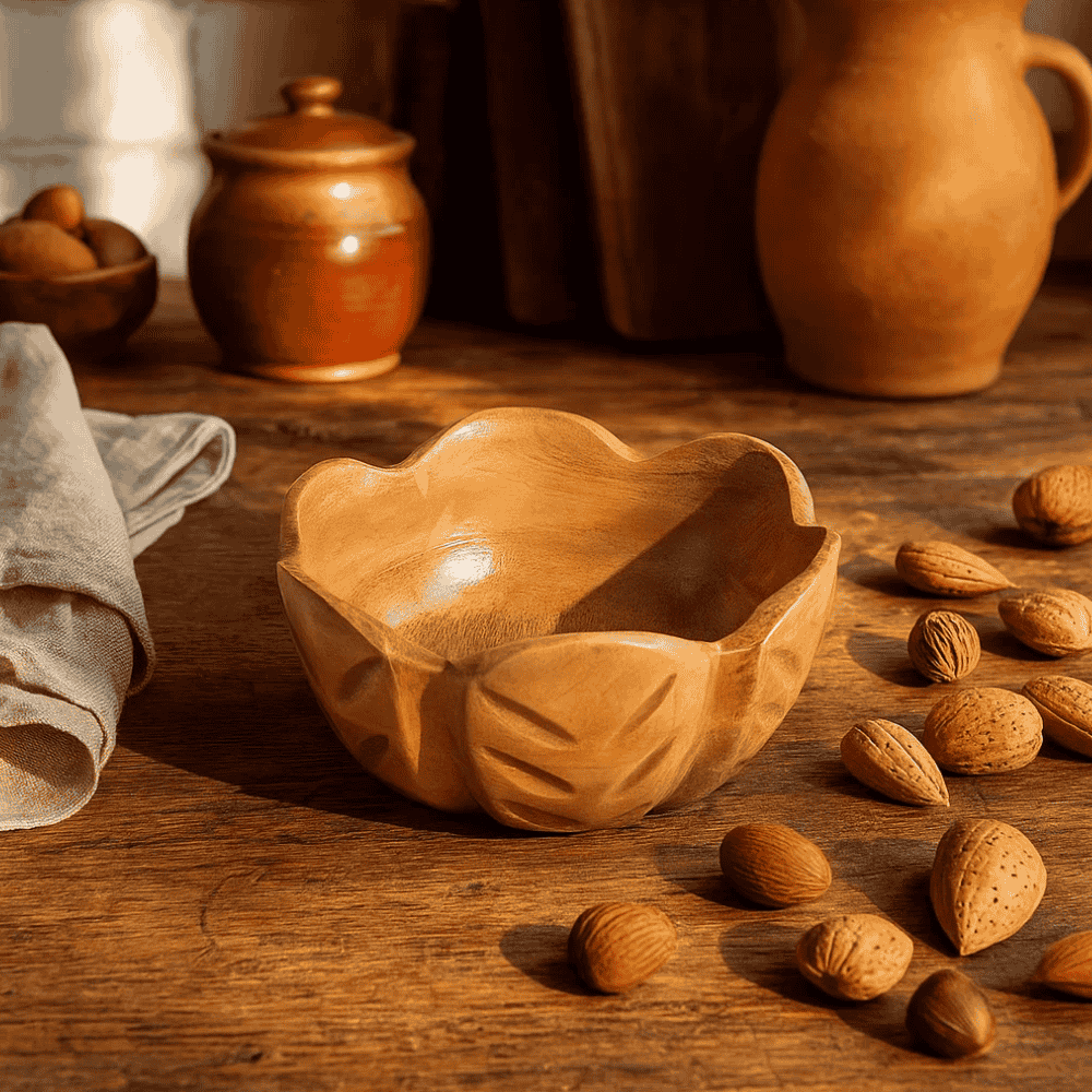 Handcut Pistachio Nut Bowl – Flower-Shaped Wooden Snack Dish