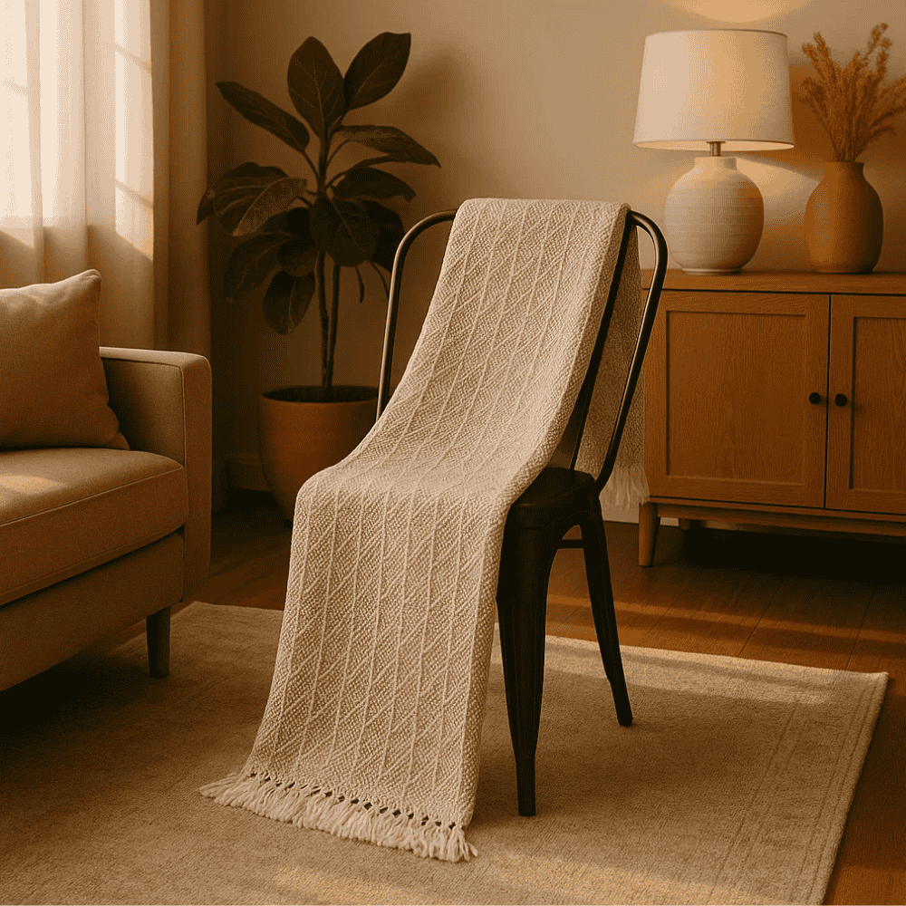 Handwoven Cotton Striped &amp; Lattice Tasseled Throw