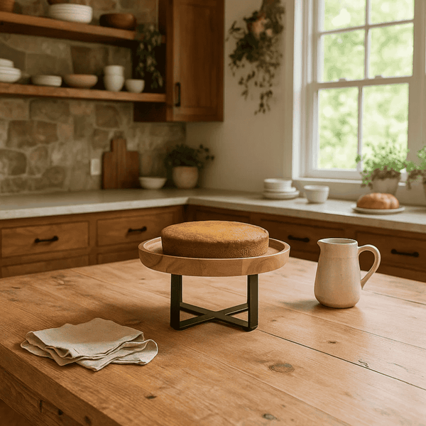 Minimal Acacia Wood & Iron Cake Stand – Handcrafted Rustic Elegance