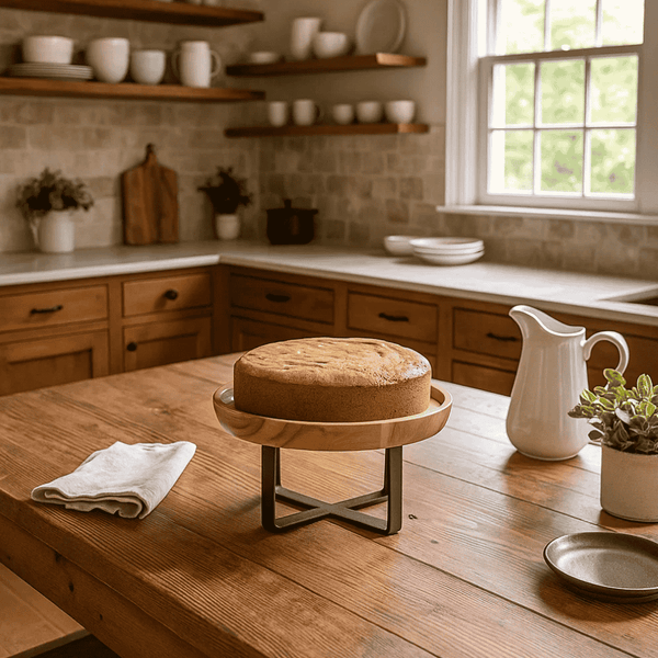 Minimal Acacia Wood & Iron Cake Stand – Handcrafted Rustic Elegance