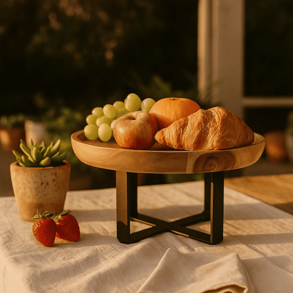 Minimal Acacia Wood &amp; Iron Cake Stand