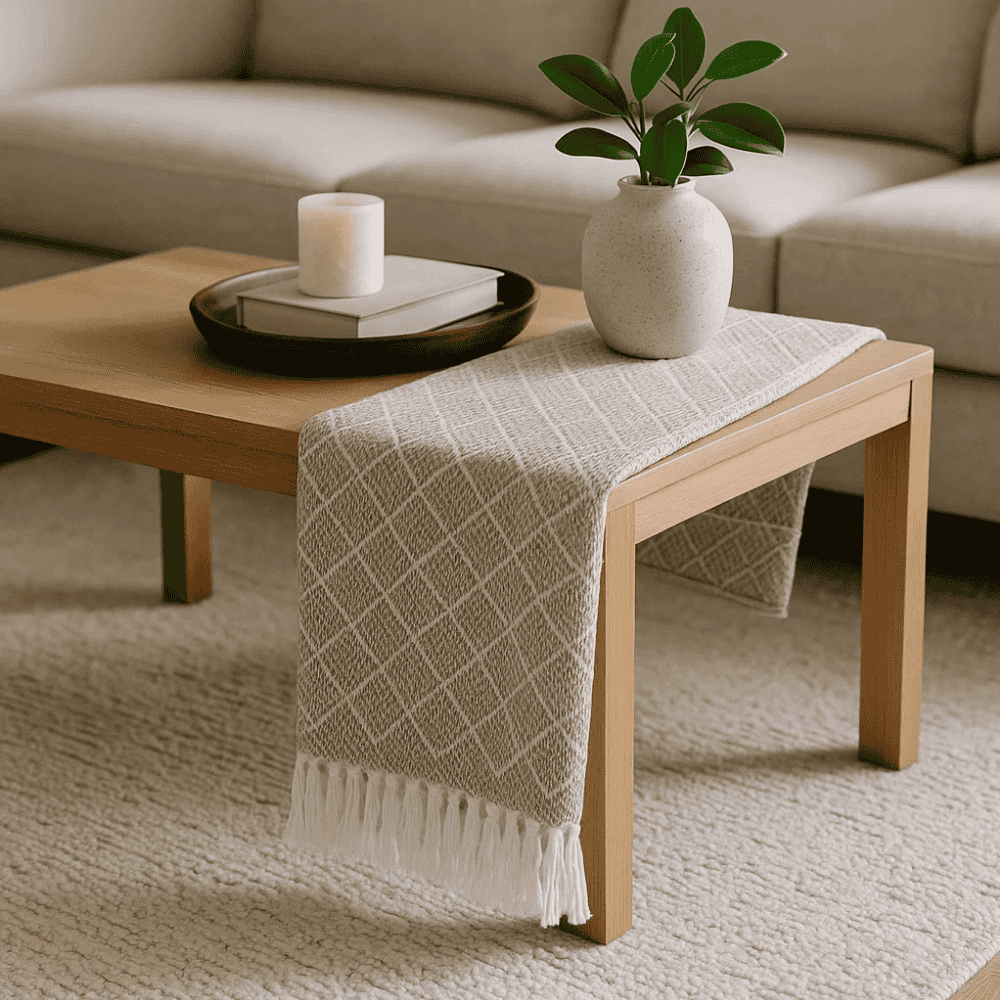Handwoven Cotton Striped &amp; Lattice Tasseled Throw