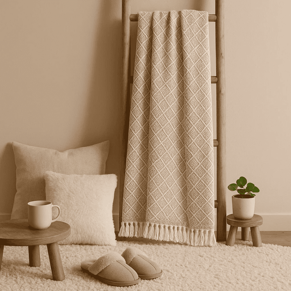 Handwoven Cotton Striped &amp; Lattice Tasseled Throw