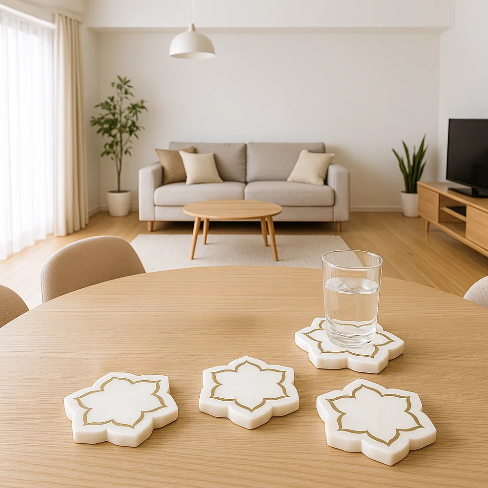 Inlaid Marble Mughal Blossom Coasters – Set of 4 Handcrafted