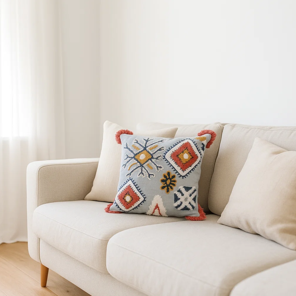 Embroidered Statement Fray Fringed Cotton Cushion Cover