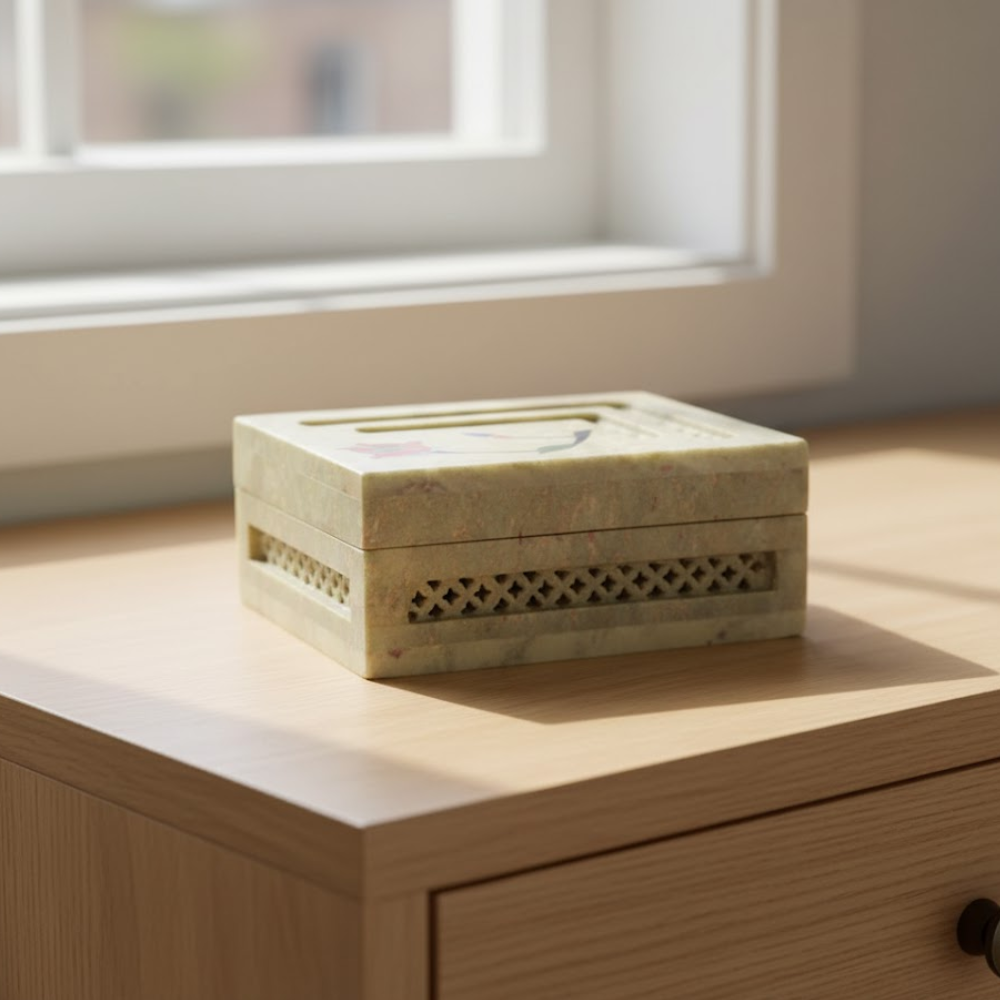 Inlaid Semi-Precious Stone & Lattice Cut Soapstone Jewelry Box
