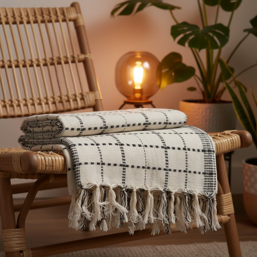 Neutral Checkered Cotton Throw with Tassels – Handwoven