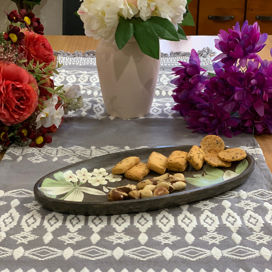 Enameled Floral Magnolia Wooden Serving Platter