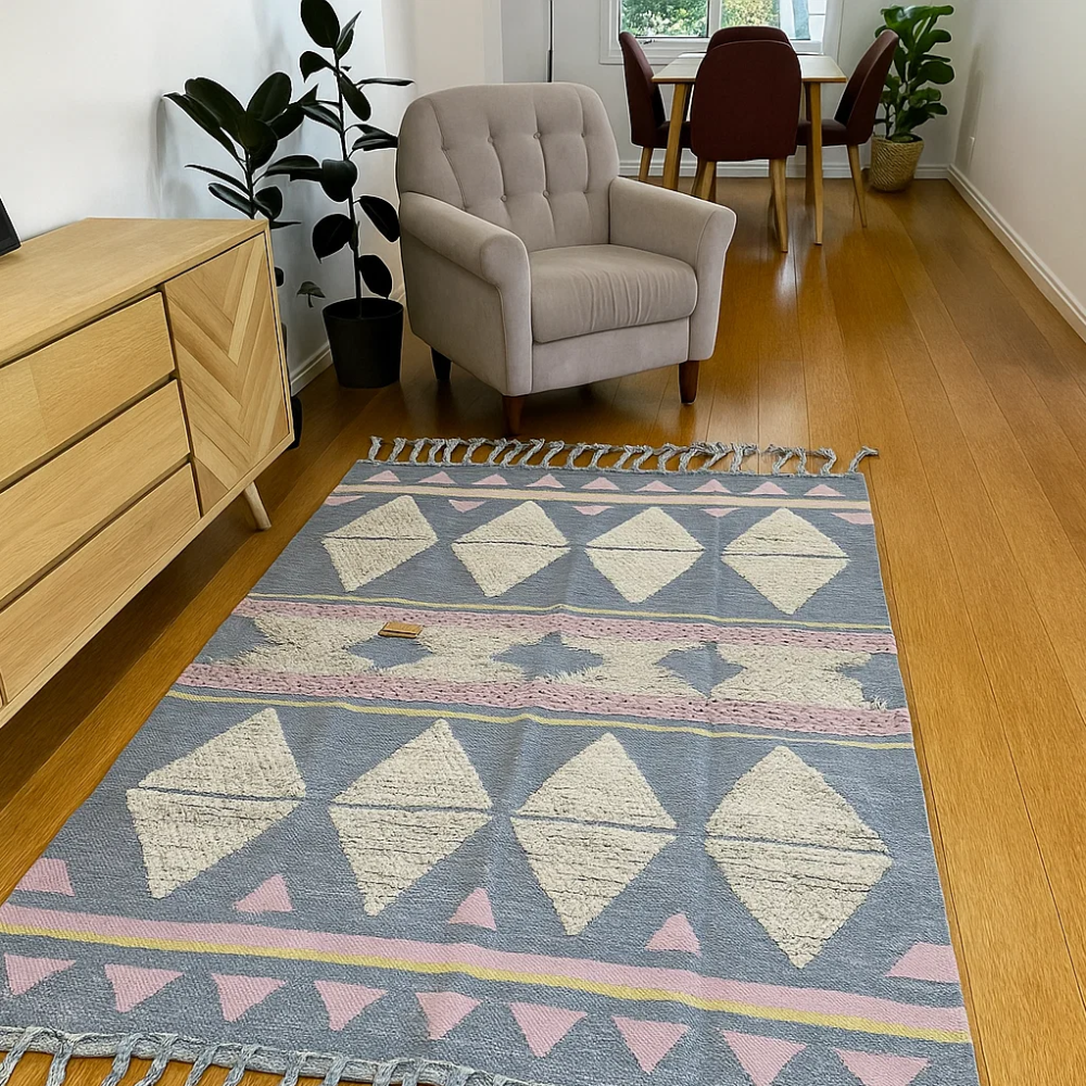 Geometric Fringed Rug with Tassel Braids – Handwoven Fringe Rug with Geometric Design