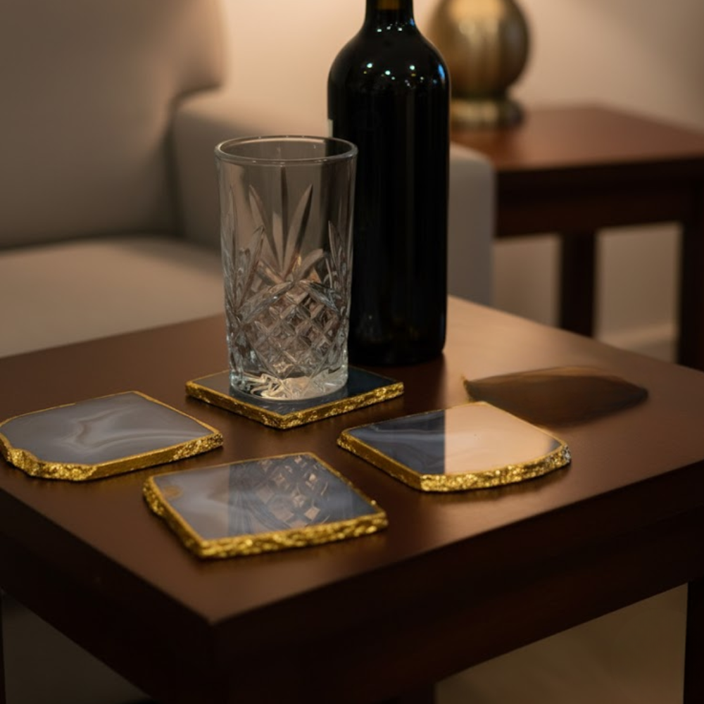 Golden Rimmed Agate Purple Coasters (Set of 4) – Luxury Natural Stone Coasters with Gold Detailing