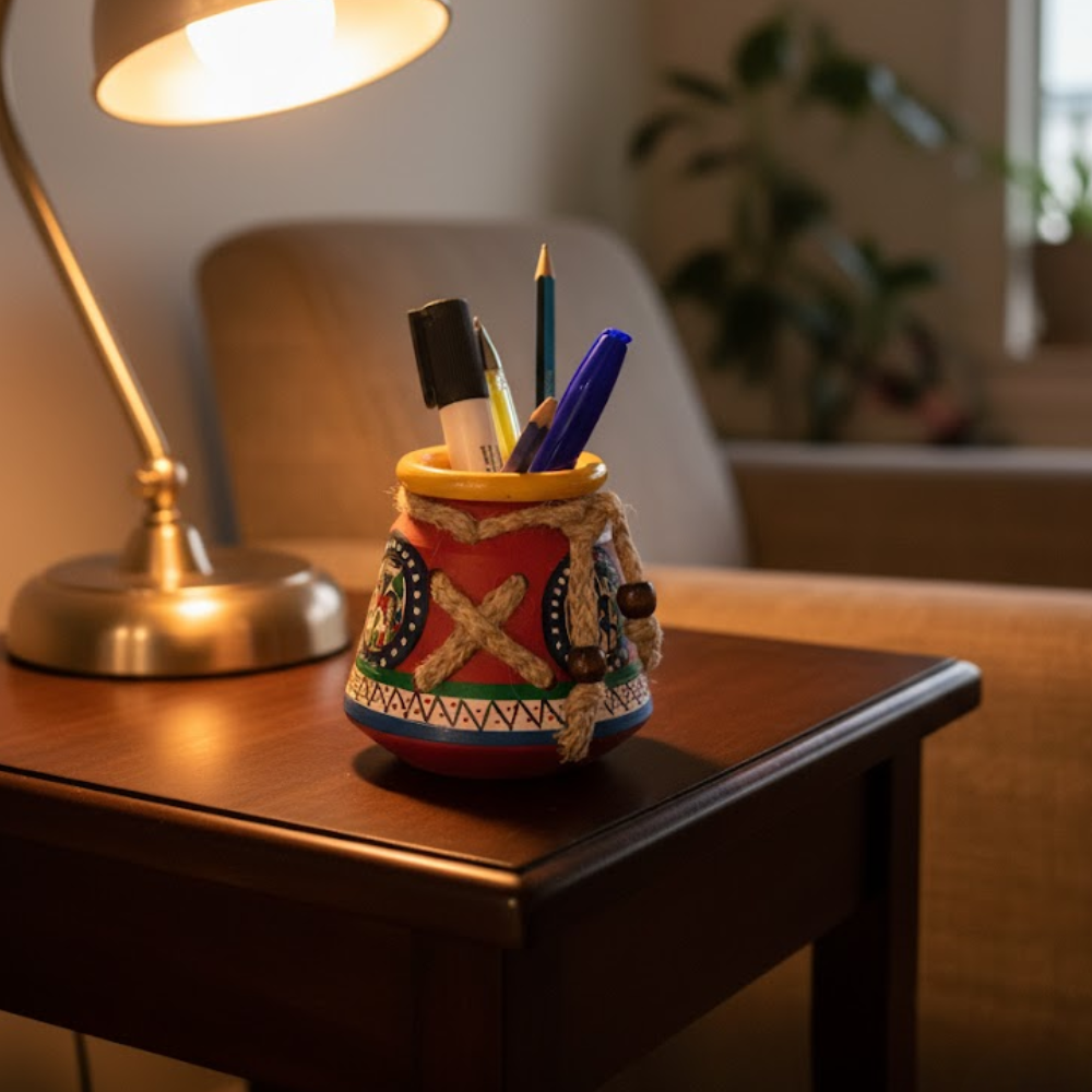 Hand Painted Clay Tribal Pen Stand – Artisan Clay Desk Organizer with Folk Art Motifs & Jute Rope Detailing