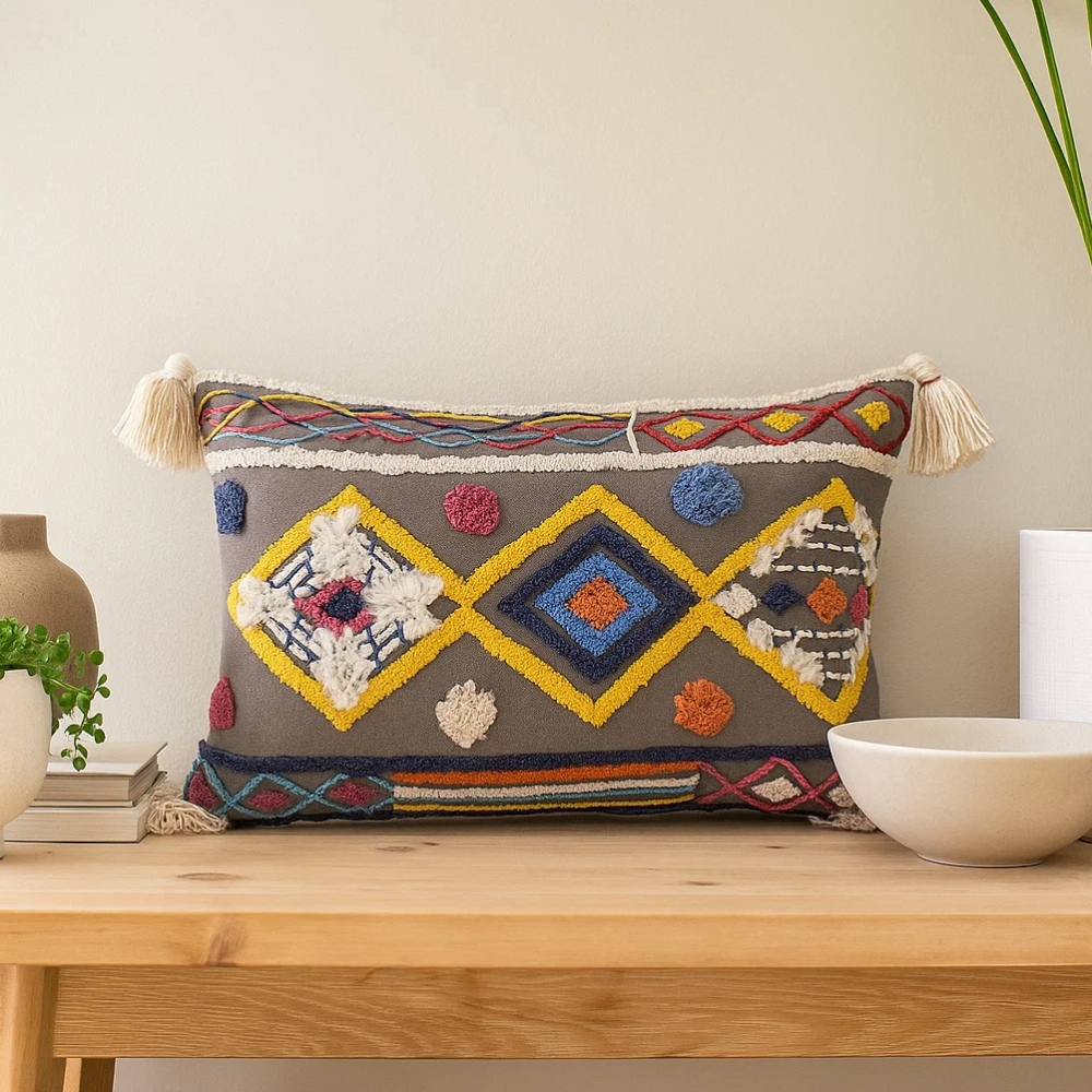 Diamond Embroidered Eclectic Tasseled Lumbar Cotton Cushion Cover – Handcrafted Sofa Cushion Cover