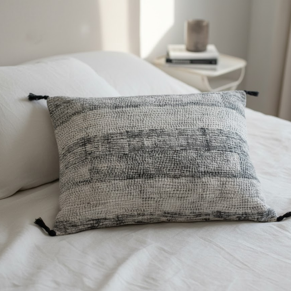 Tasseled Black Lines Lumbar Cotton Cushion Cover – Handwoven Sofa Cushion Cover