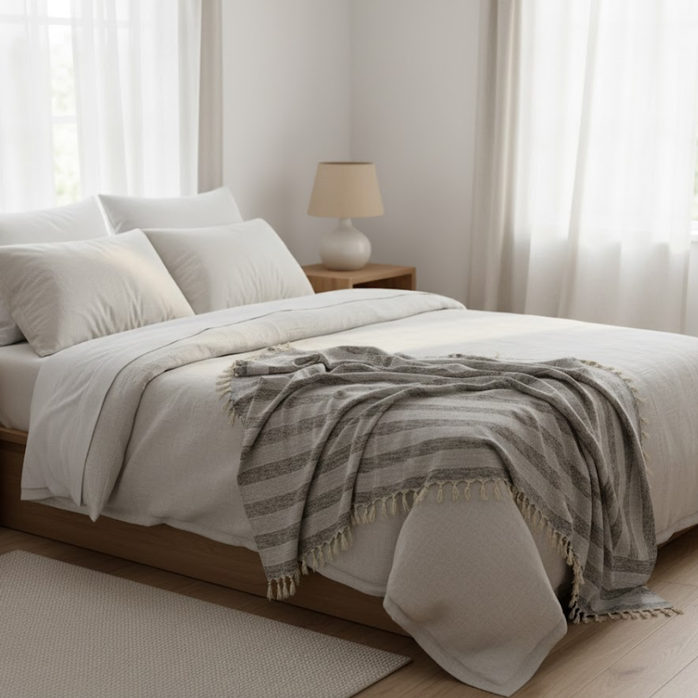 Handwoven Cotton Greyscale Striped Tasseled Throw Blanket