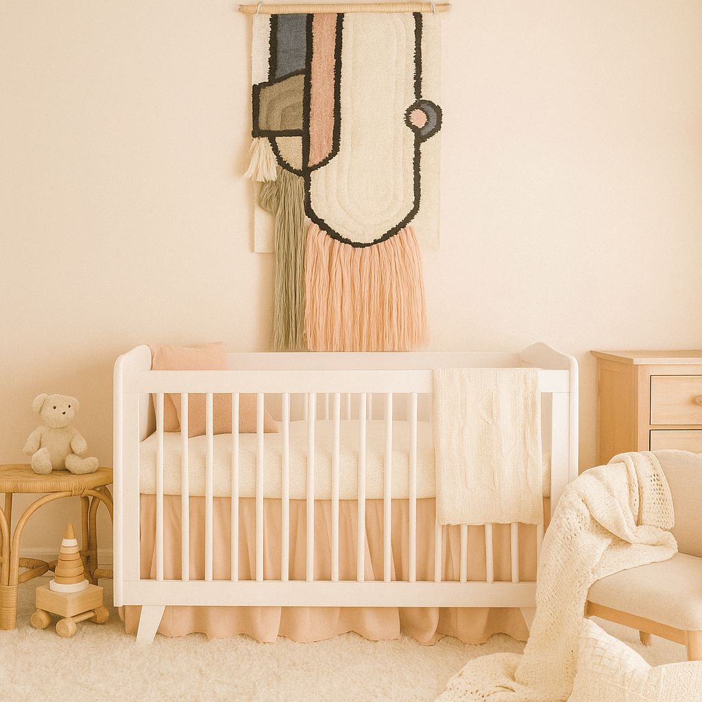 Pastel abstract wall hanging with cotton fringe – geometric boho decor for bedroom, nursery, or living room wall styling

