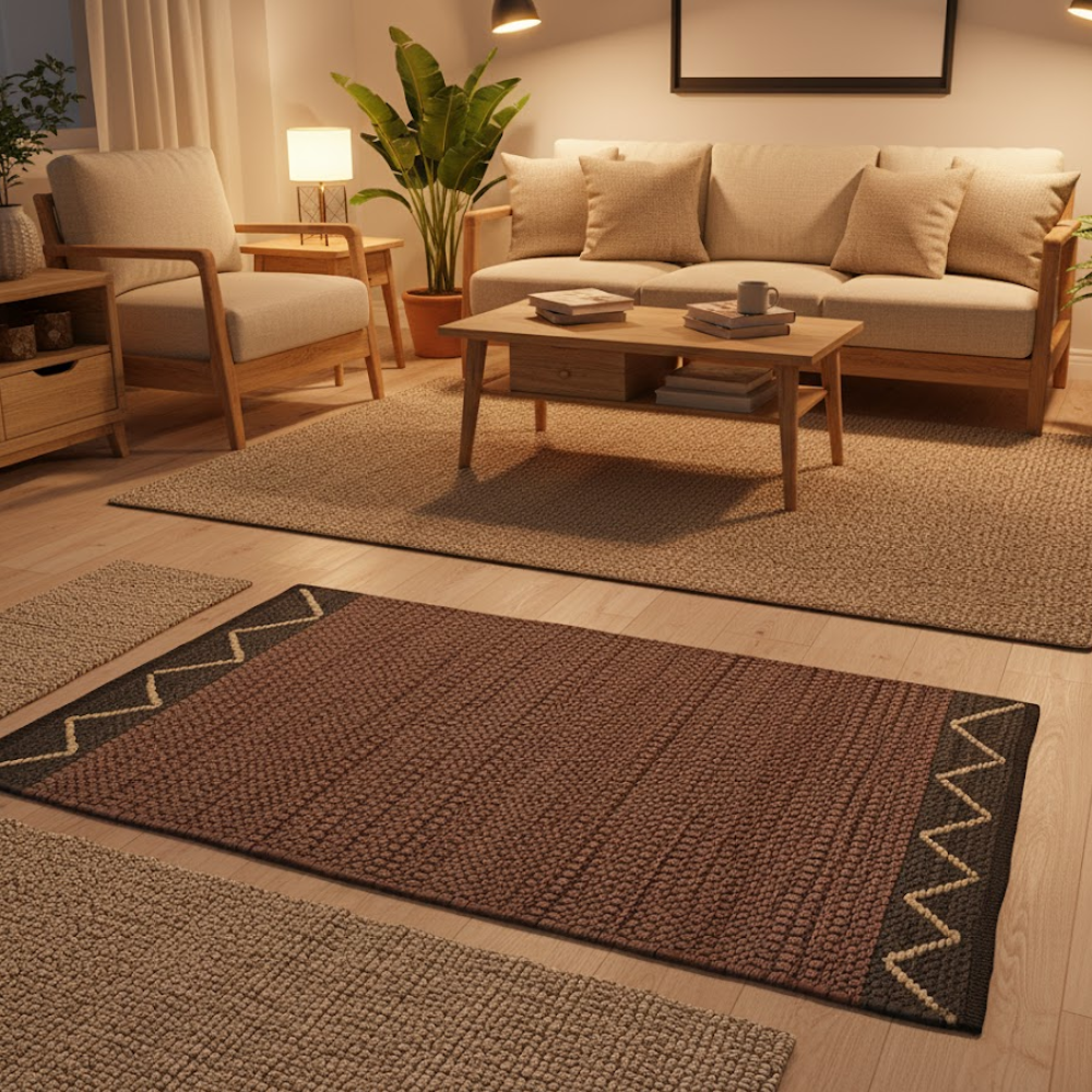 Handwoven Cotton Abstract Brown Durry – Artisan Chevron & Stripe Rug in Leather, Jute & Cotton